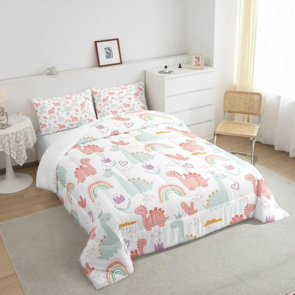 Feelyou Cartoon Dino Comforter Set Toddler, Pink Green Dinosaur Comforter Cute Jungle Dino Comforter Set for Kids Boys Girls Cute Rainbow Duvet Set Microfiber Quilt Set