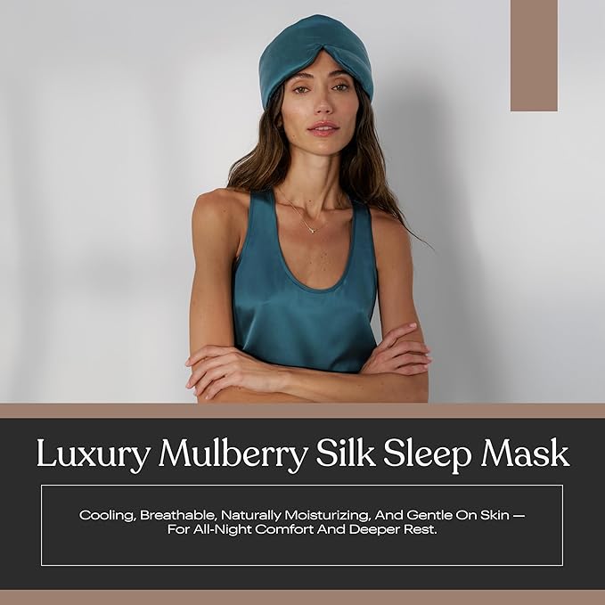 Lunya Washable Silk Sleeping Mask - Thermoregulating Mulberry Silk, Light Blocking and Comfortable Fit – Sleep Mask for Women and Men with Box - Piquant Teal - Large