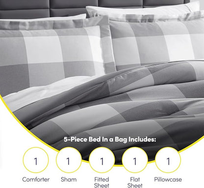 7 Piece Comforter Set Bag Solid Color All Season Soft Down Alternative Blanket & Luxurious Microfiber Bed Sheets, Twin, Gray Plaid