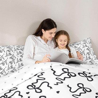 Castle Fairy Bow Love Heart Print Comforter Set Queen Size,Black Bowknot Bedding Sets 3Pcs for Kids Girls Women Room Decor,Butterfly Tie Knot Quilted Duvet Princess Girly Down Comforter,2 Pillowcases