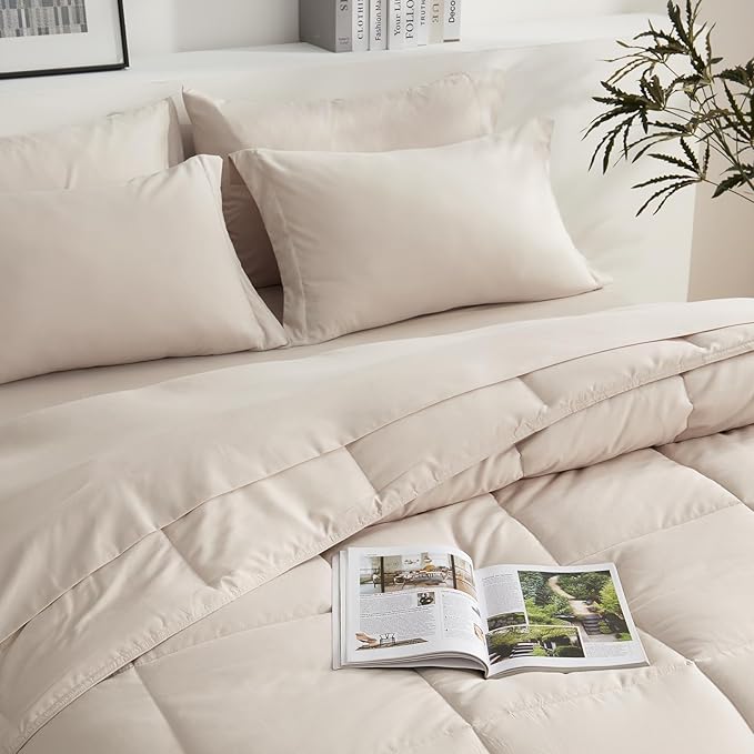 COZYART Queen Comforter Set 7 Pcs, Beige Bed in a Bag, All Season Lightweight Soft Reversible Bedding Set, 1 Comforter, 1 Flat Sheet, 1 Fitted Sheet, 2 Pillow Shams, 2 Pillowcases