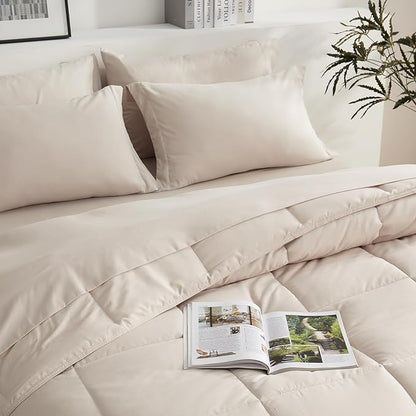 COZYART Full Comforter Set 7 Pcs, Beige Bed in a Bag, All Season Lightweight Soft Reversible Bedding Sets, 1 Comforter, 1 Flat Sheet, 1 Fitted Sheet, 2 Pillow Shams, 2 Pillowcases