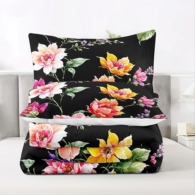 Raphus cucullatus Dark Botanical Bedding King Comforter Sets, Black and Pink, King Boho Floral Bed Set