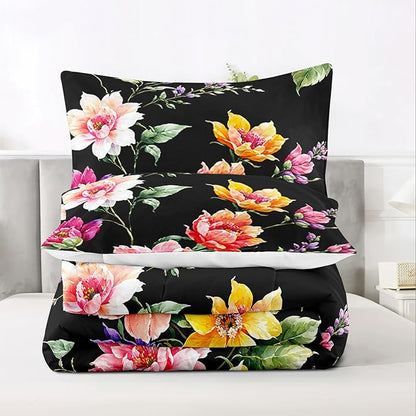 Raphus cucullatus Dark Botanical Bedding King Comforter Sets, Black and Pink, King Boho Floral Bed Set