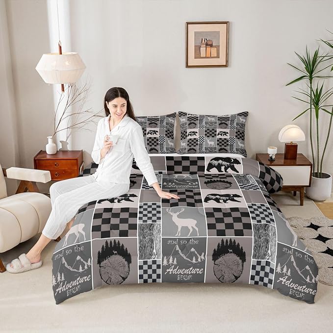 Cabin Bear Deer Comforter Set For Boys, Rustic Retro Country Animal Quilt Twin Size, Hunting Camper Lodge Bedding Comforter Sets Adventure Vintage Western Farmhouse Duvet Insert, Brown Gray Black