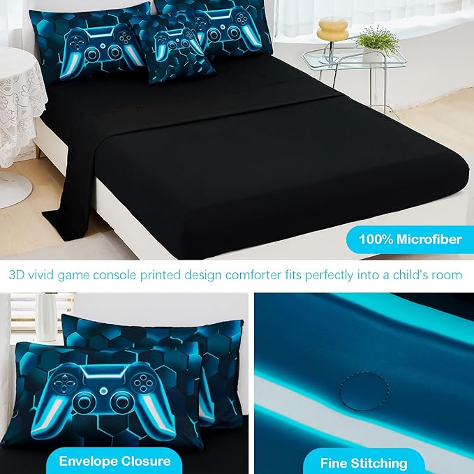 URBONUR Blue and Teal Kids Comforter Set Queen Size 6 Pieces Video Game Printed Gamer Bedding Set Queen for Boys Teen Girls, Lightweight Comforter with Sheets Set
