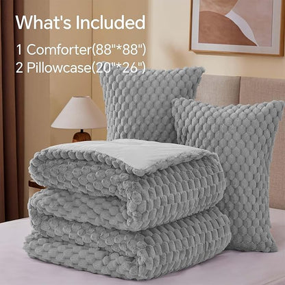 BEDELITE Fluffy Queen Comforter Set - Light Grey Fleece Soft Comforter for Queen Size Bed, Luxury Warm Bedding Set for Winter, Fuzzy Bed Set 3 Pieces (1 Comforter, 2 Pillowcases)
