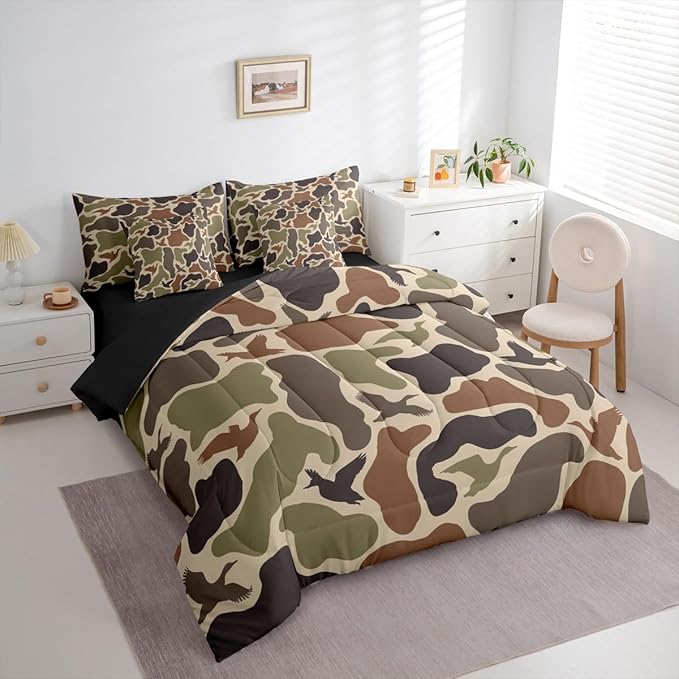Erosebridal Green Camo 7 Pcs Comforter Set Full Duck Huner Bedding Set Army Hunting Comforter for Teens Men Camouflage Military Bed in A Bag Sheet Set Boys Wild Woodland Rustic Bedroom Decor