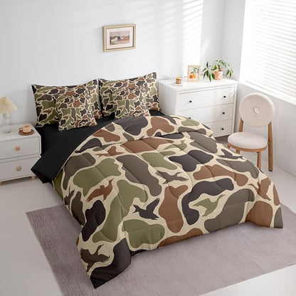Erosebridal Duck Hunting 7 Pieces Bed Set Twin Size Army Camo Comforter Set Kids Boys Green Camouflage Military Bed in A Bag with Comforter Wild Woodland Sheet Set Farmhouse Room Decor