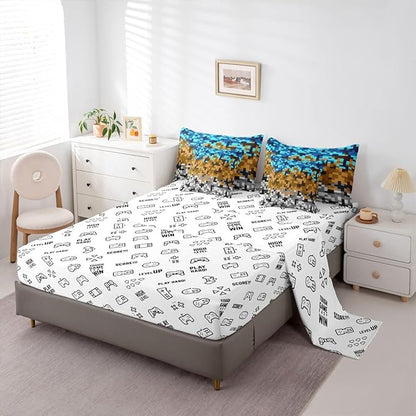 Pixelated Miners Gaming 7pcs Comforter Set King Size,Blue Brown Grey Bedding Set Kids Boys Teens Room Decor,Construct Theme Games Flat + Fitted Sheet Geometric Block 2 Cushion Cover,2 Pillowcase