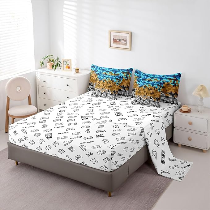 Kids Pixelated Miners Gaming 7pcs Comforter Set Full Size,Blue Brown Grey Bedding Set Boys Teens Room Decor,Construct Theme Games Flat + Fitted Sheet Geometric Block 2 Cushion Cover,2 Pillowcase