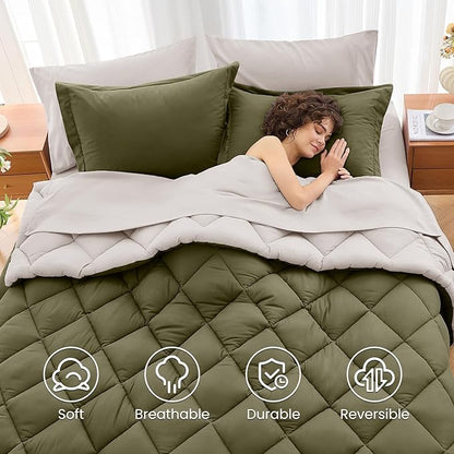 MUXHOMO 7 Pieces King Comforter Set, Reversible Bed in a Bag King Size, All Season Bedding Set with Comforter, Flat Sheet, Fitted Sheet, Pillowcases & Shams, Olive Green & Beige