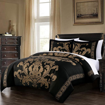 Chezmoi Collection Valor 7-Piece King Bed in a Bag, Black/Gold Luxury Jacquard Floral Comforter with Sheets Set for All Season
