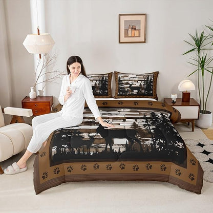 Feelyou Rustic Deer Bedding Set Wild Animals Hunt Comforter Set for Kids Boys Girls Brown Wooden Comforter Paw Print Quilt Set Bedroom Collection 3Pcs Queen Size