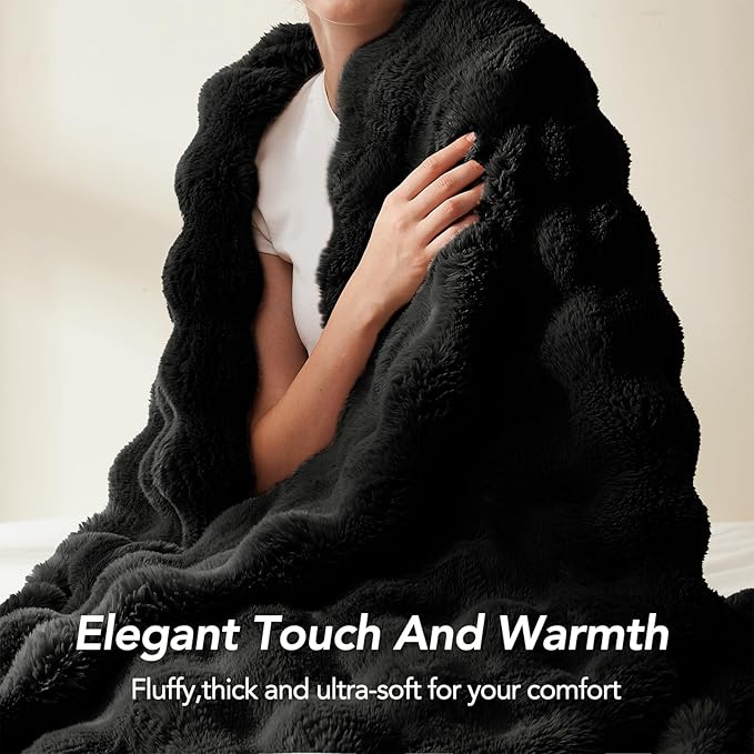 L'AGRATY Faux Rabbit Fur Blanket: 60" x 80" Twin Luxury Soft Fluffy Thick Fur Throw Blanket for Couch Bed Sofa - Cozy Plush Bubble Blankets for Winter: Flannel Fleece Decorative Blanket(Black)