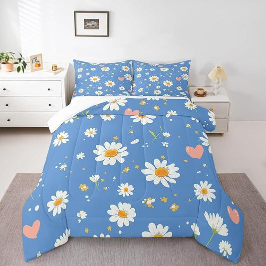 Manfei Cute Daisy Comforter Set King Size, White Flower Floral Bedding Set 3pcs for Kids Boys Girls Bedroom Decor, Botanical Garden Artwork Quilt Set Polyester Duvet Set with 2 Pillowcases