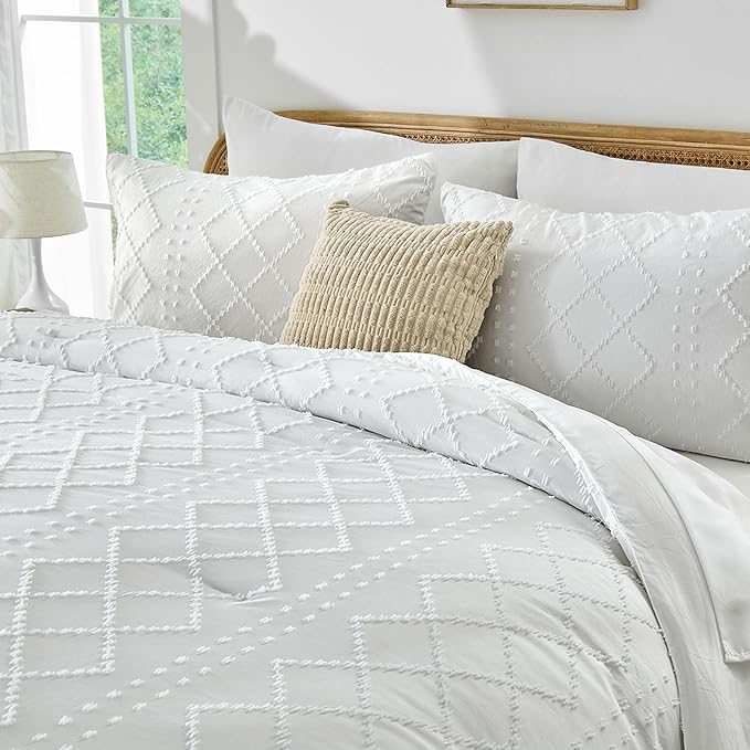 Nesker Boho Twin Comforter Set - 5 Pcs Tufted Whilt Bedding Sets, Soft Cozy Chic Bed in a Bag, Vintage Shabby Bed Set All Season with Comforter, Fitted Sheet, Flat Sheet & Pillowcases