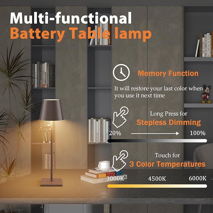 2 Pack LED Rechargeable Table Lamp Bronze, Portable 5500mAh Battery Powered Bedside Lamp, 3 Color Temperatures Stepless Dimmable Cordless Table Lamps for Outdoor Restaurant Bedroom Rust Red
