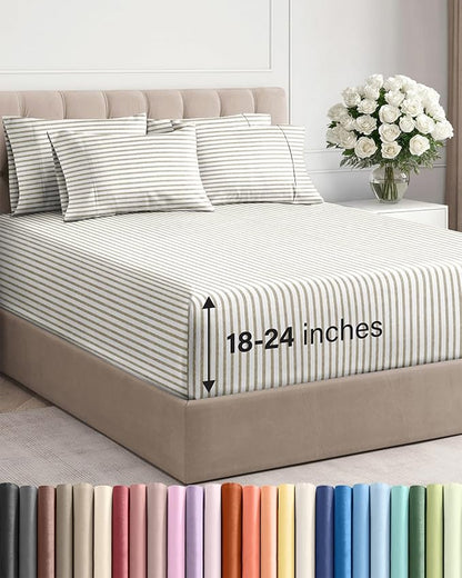 Extra Deep Full Sheet Set - 6 Piece Breathable and Cooling Sheets - Hotel Luxury Bedding for Women, Men, Kids & Teens - Easy Secure Fit - Soft and Wrinkle Free with Extra Deep Pockets - Beige Stripes