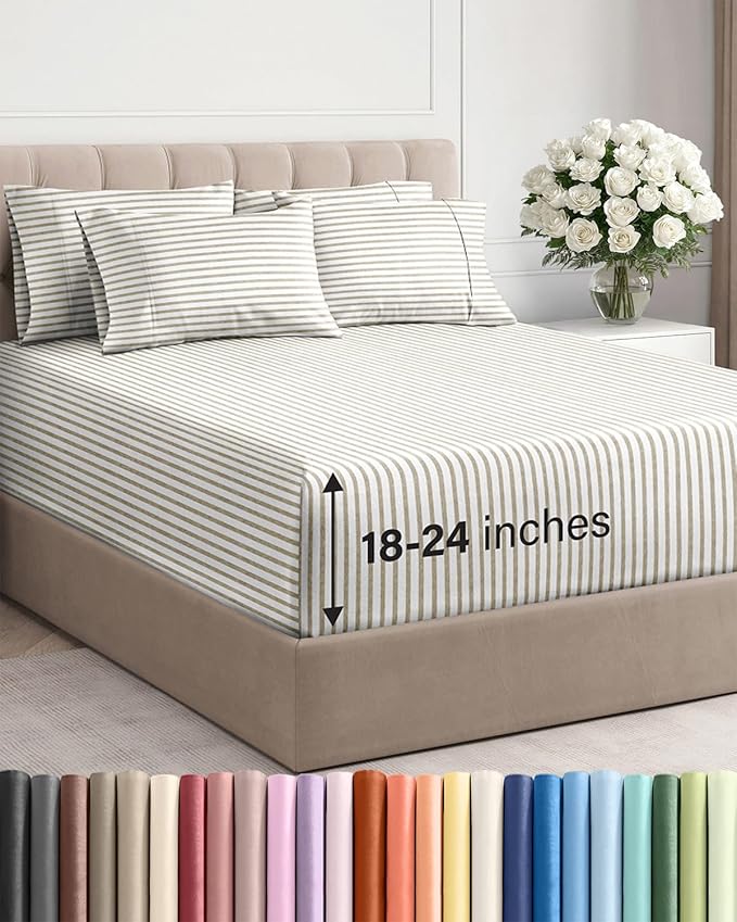 Extra Deep King Sheet Set - 6 Piece Breathable and Cooling Sheets - Hotel Luxury Bedding for Women, Men, Kids & Teens - Easy Secure Fit - Soft and Wrinkle Free with Extra Deep Pockets - Beige Stripes