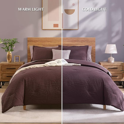 Geniospin Queen Comforter Set - 7 Pieces Purple Bedding Set, Botanical Textured Comforter Set, All Season Comfortable Bed in a Bag with Comforter, Sheets, Pillowcases & Shams