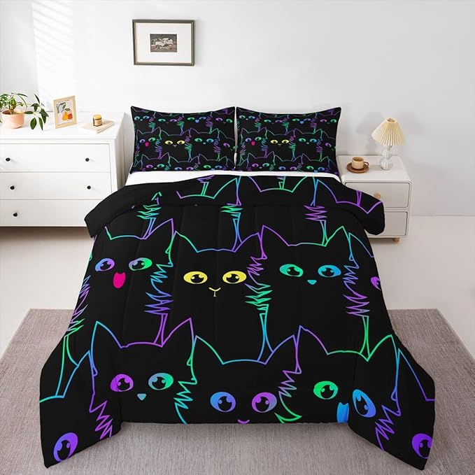 Erosebridal Kids Bedding Cartoon Cat Comforter Set Twin Size,Gradient Line Cute Cat Bedding Set for Teens Boys Girls Adults Room Decor,Lovely Animal Kitten Print Comforter All Season,Rainbow Black