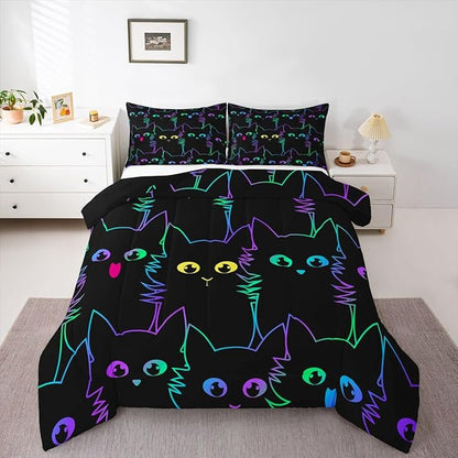 Erosebridal Girls Bedding Cartoon Cat Comforter Set Queen Size,Gradient Line Cute Cat Bedding Set for Kids Teens Boys Young Man Room Decor,Lovely Animal Kitten Print Comforter All Season,Rainbow Black