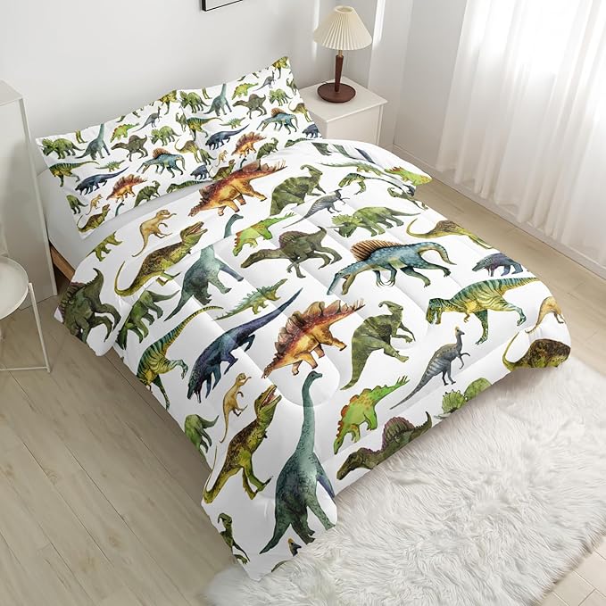 Dinosaur Comforter Sets Queen，Dinosaur Printed Quilt Set for Bedroom Soft Microfiber All Season Print Quilt Set with 1 Comforter and 2 Pillow Case