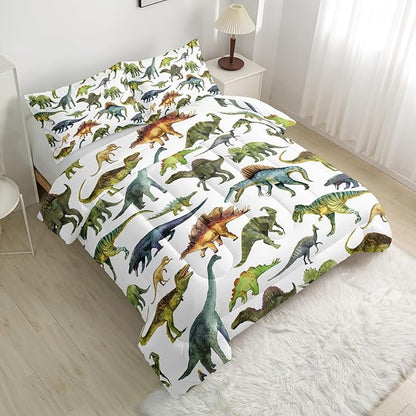 Dinosaur Comforter Sets Queen，Dinosaur Printed Quilt Set for Bedroom Soft Microfiber All Season Print Quilt Set with 1 Comforter and 2 Pillow Case