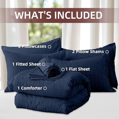 FUANNA Queen Comforter Set 7 Pieces, Luxury Seersucker Bed in a Bag Queen Size for All Seasons, Soft Bedding Set with Comforter, Flat Sheet, Fitted Sheet, Pillowcases & Shams for Bedroom, Navy Blue