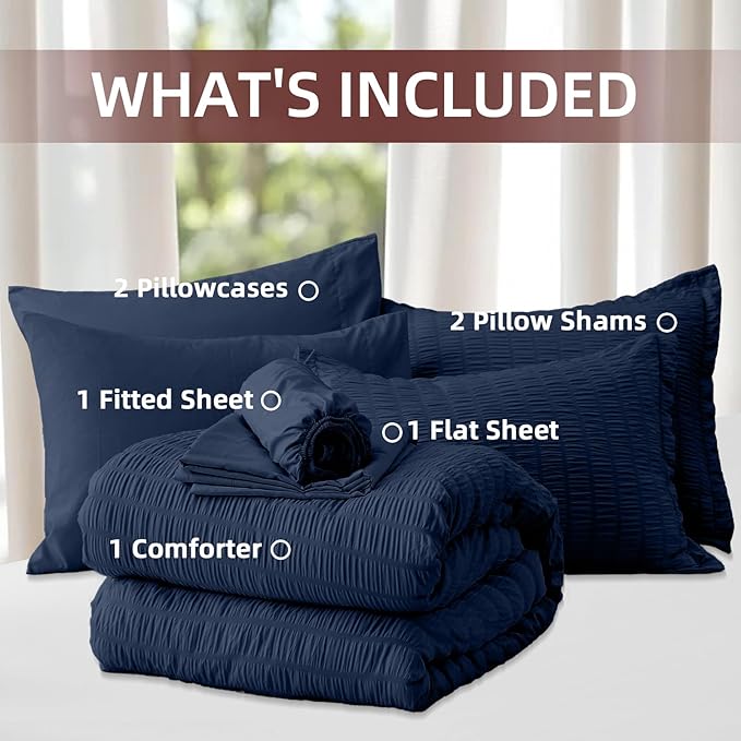 FUANNA King Size Comforter Set 7 Pieces, Luxury Seersucker Bed in a Bag King for All Seasons, Soft King Bedding Set with Comforter, Flat Sheet, Fitted Sheet, Pillowcases & Shams for Bedroom, Navy Blue