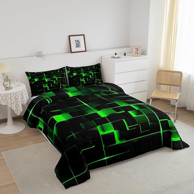 Erosebridal Green Black Comforter Set Full Size Neon Geometric Kids Bedding Set 3 Pcs Honeycomb Bed Sets Modern Quilt,1 Comforter 2 Pillow Cases Cool Room Decor, Bside Black