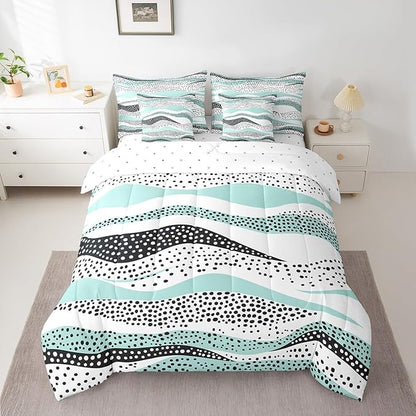 Erosebridal Geometric Wave Full Comforter Set 7 Pieces Teal White Bedding Comforter Sets, Black Polka Dots Bed in a Bag Modern Abstract Art Bedding Set, Vintage Minimalist Bed Sheets Set