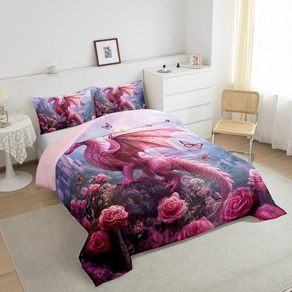 Manfei Western Dragon Kids Toddler Comforter Sets,Pink Flowers Butterfly Reversible Bedding Set for KidsChildren,Princess Castle Animal 2 Pieces Quilt Sets,3D Wildlife Duvet Insert,1 Pillow Case
