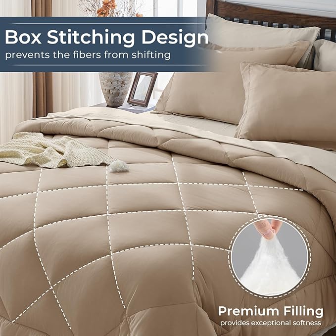 HEVUMYI Khaki & Linen Full Comforter Set - 7-Piece All Season Bed in a Bag Full, Ultra Soft Bedding Set with Comforter, Flat Sheet, Fitted Sheet, Pillowcases, Pillow Shams