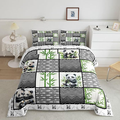 Kawaii Panda Full Size Comforter Sets for Kids Boys Girls,Green Botanical Leaves Bedding Sets Youth Men Bedroom Decor,Cartoon Bear Black White 3 Pieces Quilt Set,Splicing Geometric Duvet Insert