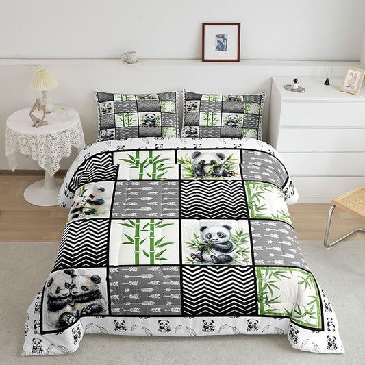 Kawaii Panda Full Size Comforter Sets for Kids Boys Girls,Green Botanical Leaves Bedding Sets Youth Men Bedroom Decor,Cartoon Bear Black White 3 Pieces Quilt Set,Splicing Geometric Duvet Insert