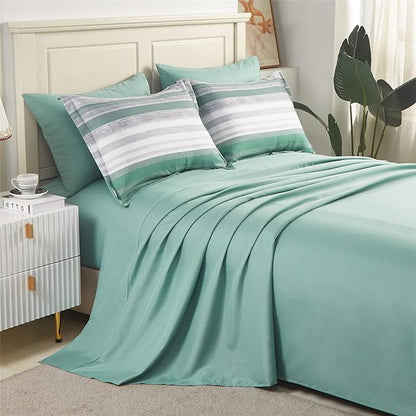 KAKIJUMN 7 Piece Bed in a Bag Stripe Comforter Set King Size, White Grey Sage Green Patchwork Striped Comforter and Sheet Set, All Season Soft Microfiber Complete Bedding Sets(Green,King)