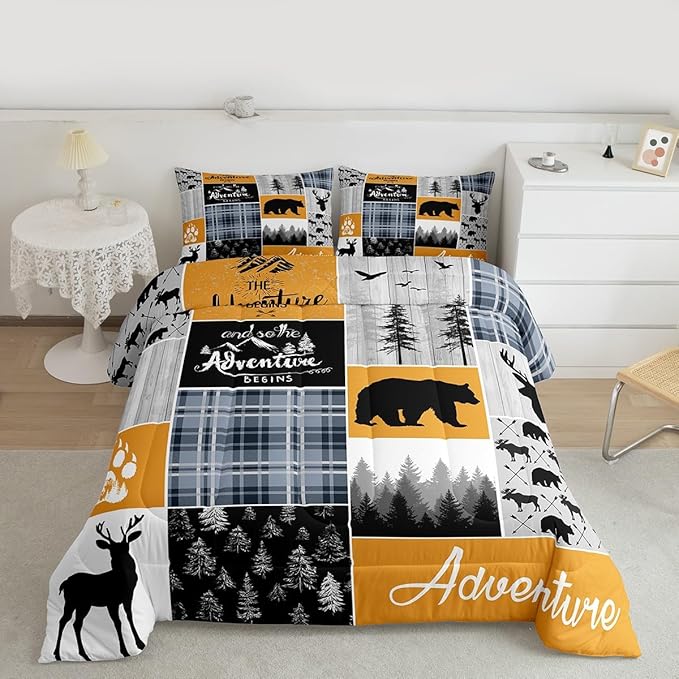 Deer Bear Full Bedding Sets, Blue And Grey Buffalo Plaid Comforter Set Woodland Animal Wildlife Quilt Hunting Lodge Country Down Comforter Rustic Farmhouse Cabin Bathroom Decor, 2 Pillow Cases