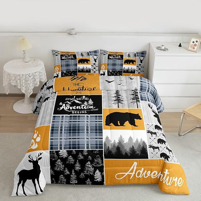 Deer Bear Twin Bedding Sets, Blue And Grey Buffalo Plaid Comforter Set Woodland Animal Wildlife Quilt Hunting Lodge Country Down Comforter Rustic Farmhouse Cabin Bathroom Decor, 1 Pillow Case