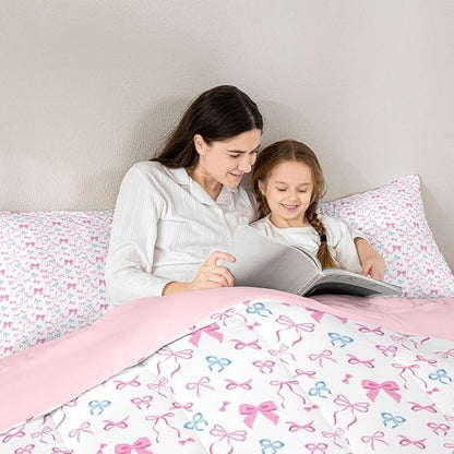 Erosebridal Bowknot Comforter Set for Girls, Dreamy Princess Style Toddler Size Down Comforter, Cute Bow Tie Cartoon Quilt for Kids Teens Women Room, Girly Kawaii Bedding Set, Pink Blue