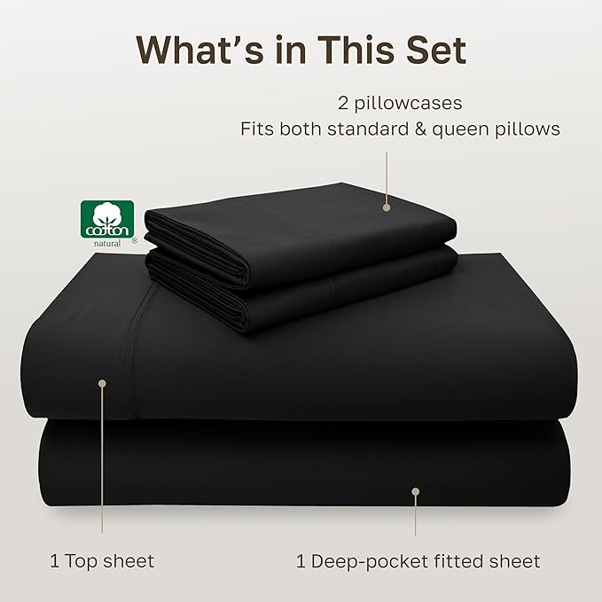 California Design Den Full Sheet Set - Luxury 600 Thread Count Sateen, Natural 100% Cotton Bed Sheets, Fully Elasticized Deep Pockets, Crisp, Cool and Durable Hotel Quality Bedding - Black