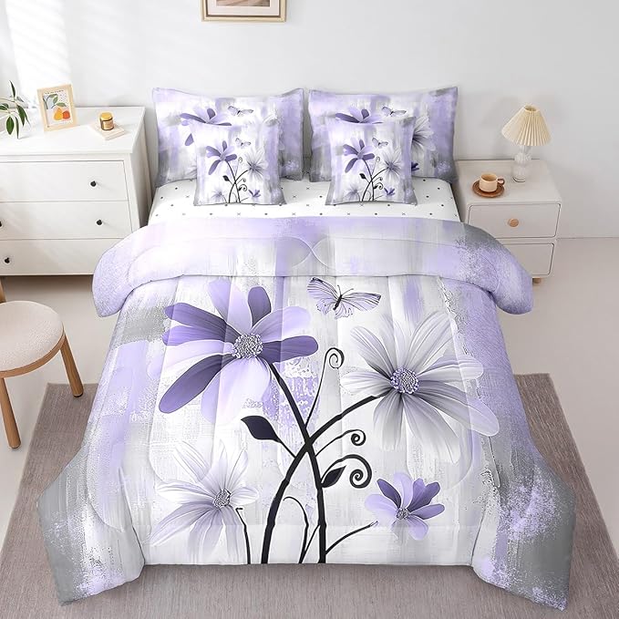 Feelyou Girls Daisy Flower Comforter Set with Sheets Queen Size 7 Pieces Kids Vintage Floral Butterfly Bedding Set for Boys Women Teens Purple White Grey Simple Modern Abstract Art Bed in a Bag