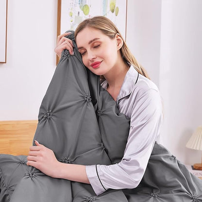 JOLLYVOGUE Dark Grey Bed in a Bag Comforter Set for Bedroom, Pintuck Twin Size Comforter Sets 5 Pieces, Beddding Sets with Comforter, Sheets,Ruffled Shams & Pillowcases