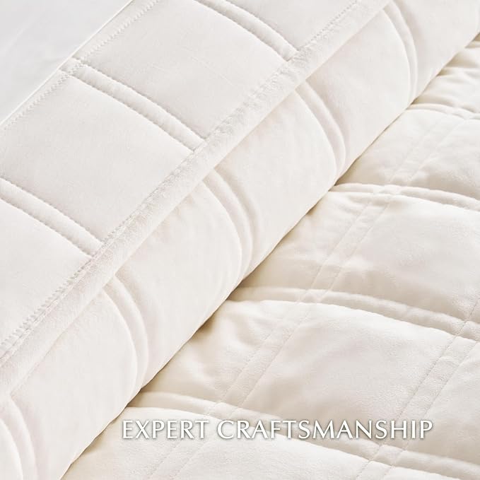 EVERGRACE 3 Pieces Luxurious Velvet Quilt Queen Size, Ultra Soft Bedspread Coverlet Set, Double Box Stitch Lightweight Velvet Comforter for All Season with 2 Shams, Cream White, 92"x96"