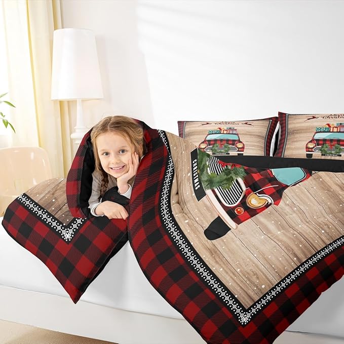 Castle Fairy Christmas Plaid Truck Bedding Set for Boys Girls,Snowflake Deer Red Plaid All Season Cozy Comforter Set Full Size,Rustic Farmhouse Brown Wooden Duvet Set Bedroom Decor,Festival Gifts