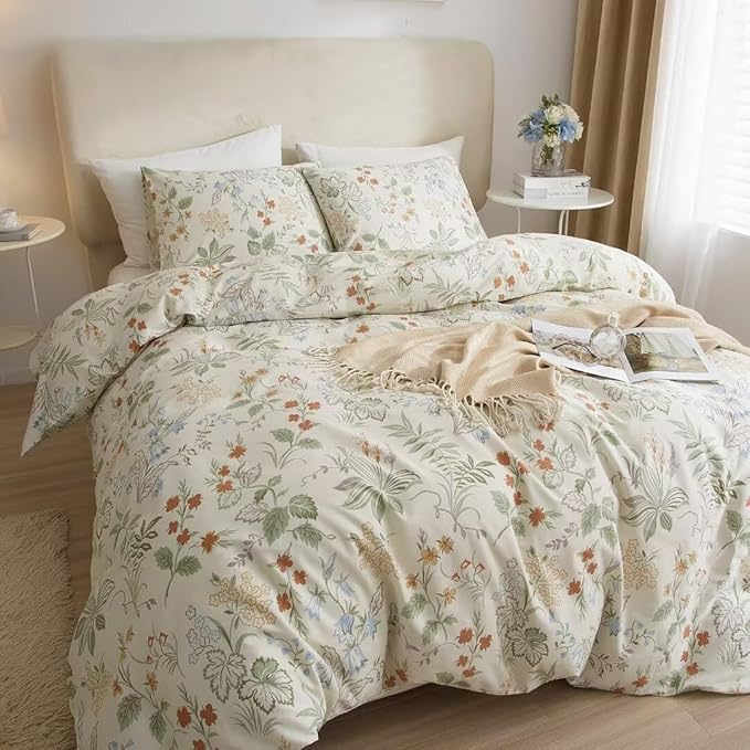 MKXI Queen Comforter Set Cute Green Floral Bedding Comforter Set White Printed Reversible Soft Comforter Garden Style