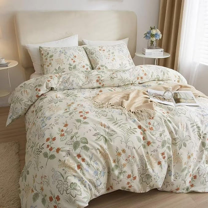 MKXI Queen Comforter Set Cute Green Floral Bedding Comforter Set White Printed Reversible Soft Comforter Garden Style