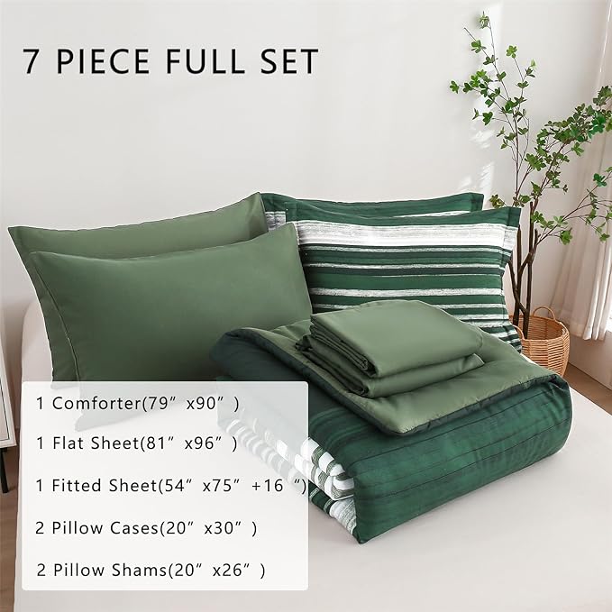 KAKIJUMN 7 Piece Bed in a Bag Stripe Comforter Set Full Size, White Grey Green Patchwork Striped Comforter and Sheet Set, All Season Soft Microfiber Complete Bedding Sets(Dark Green,Full)