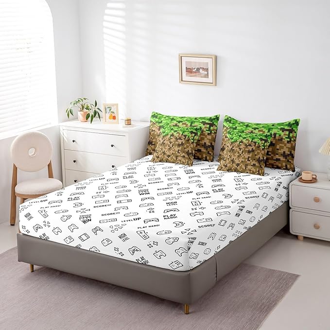 Miners Style Square Grid 7Pcs Comforter Set Twin Size,Brown Green Army Camo Bedding Set for Kids Boys Teens Men Room Decor,Cartoon Gamepad Reversible Bed in a Bag Pixelated Games Flat Fitted Sheet
